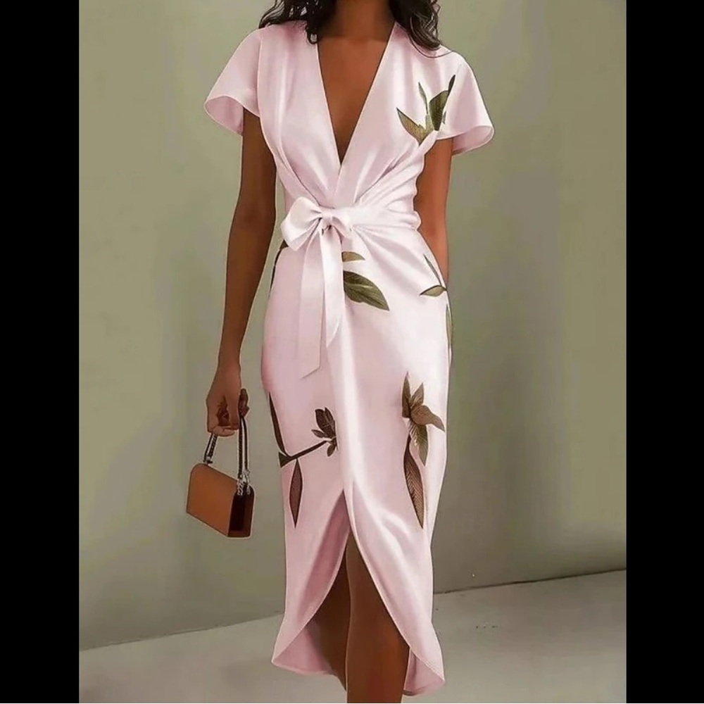 Fehaute Elegant Pink Floral Wrap Dress NWT